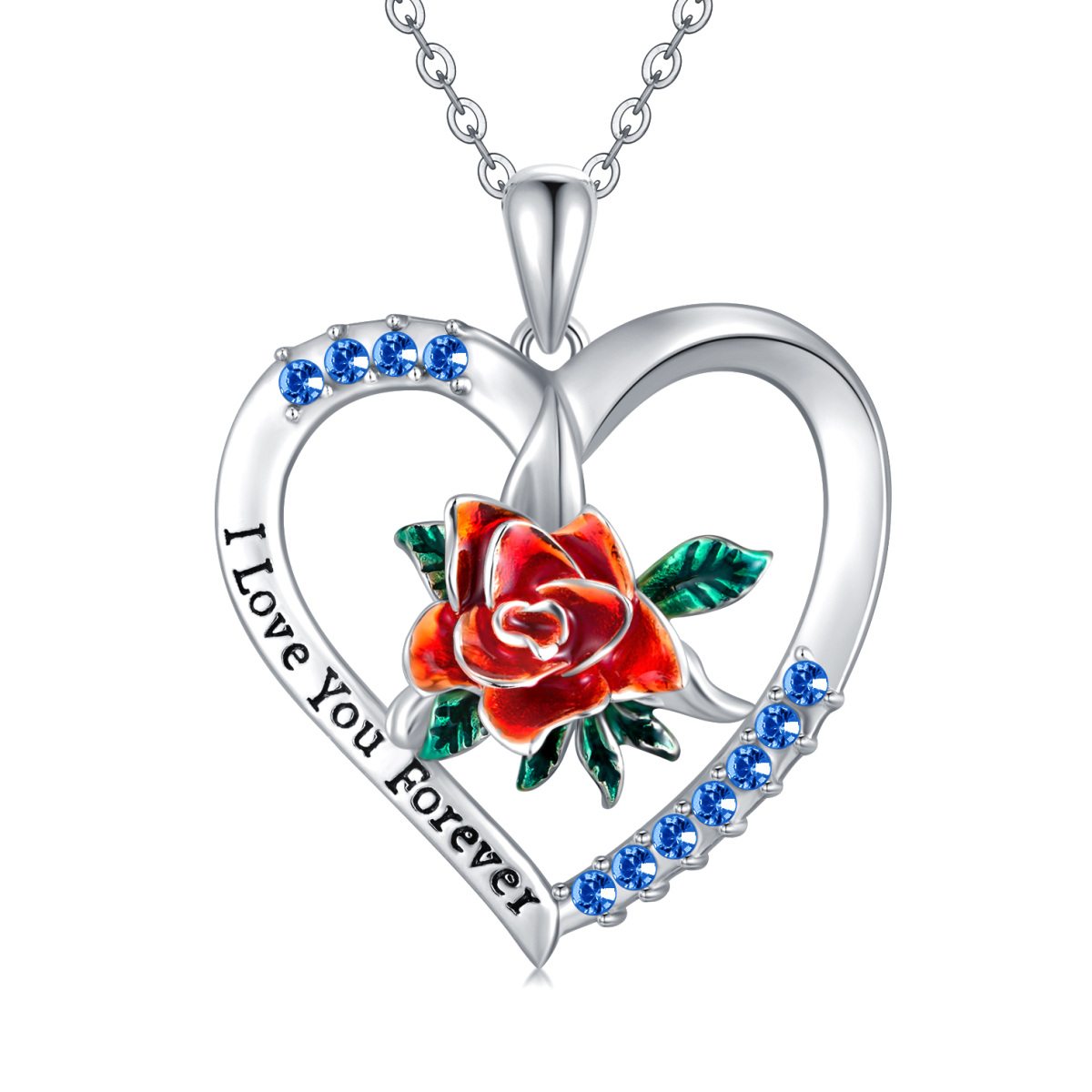 Sterling Silver Circular Shaped Cubic Zirconia Rose & Heart Pendant Necklace-1