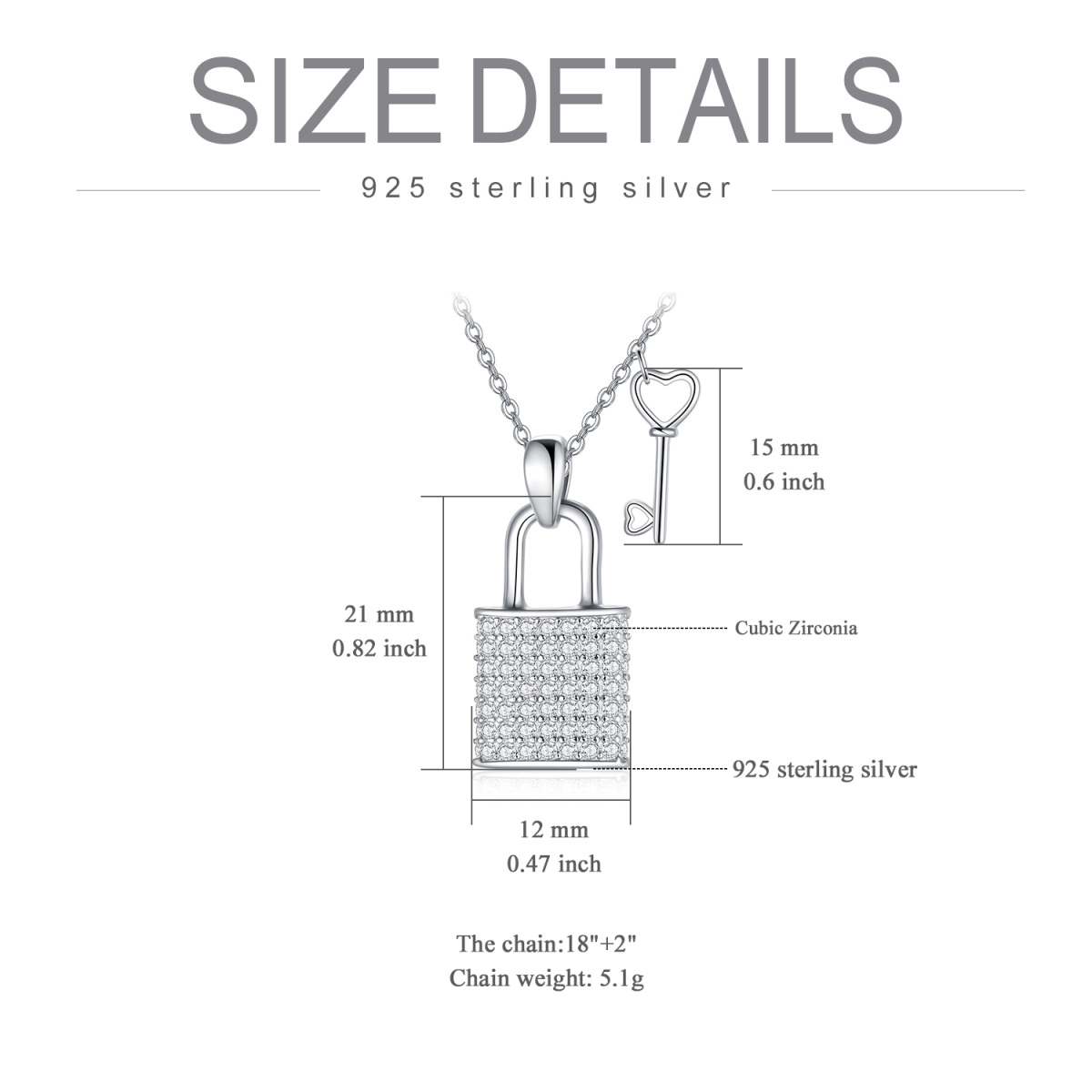Sterling Silber kreisförmig Cubic Zirkonia Herz & Schlüssel & Schloss-Anhänger Halskette-6