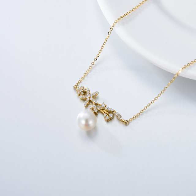 10K Gold Moissanite & Pearl Leaves Pendant Necklace-4