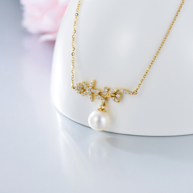10K Gold Moissanite & Pearl Leaves Pendant Necklace-3