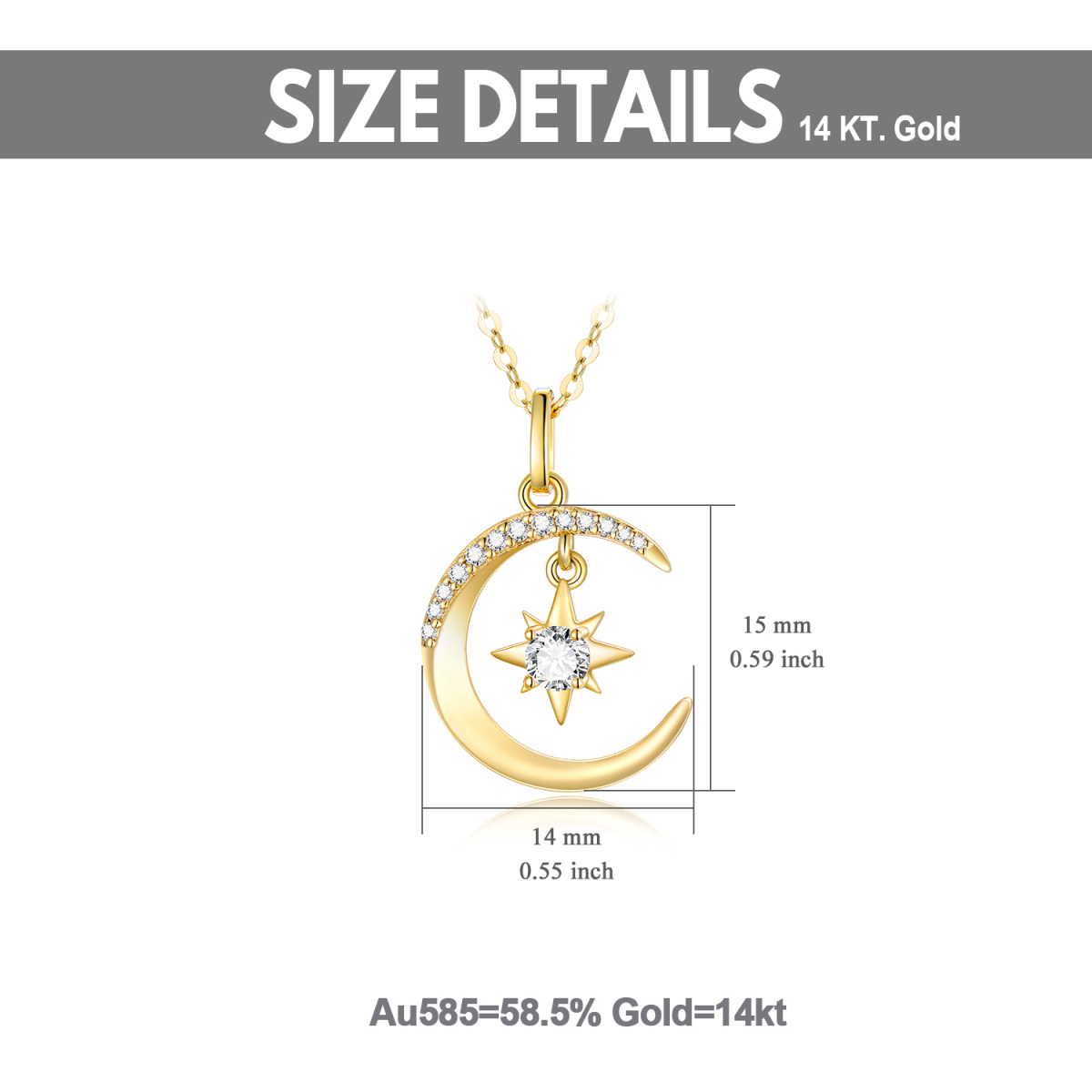 14K Gold Moissanite Moon & Pentagram Pendant Necklace-5