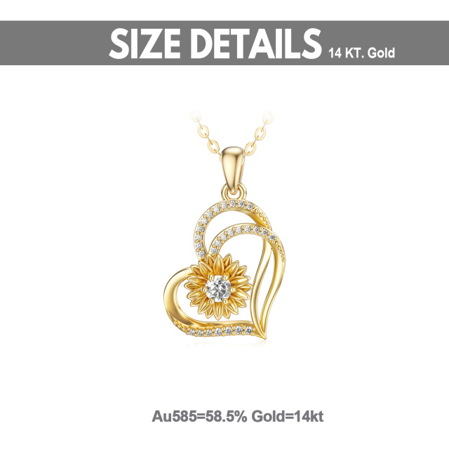 coração de girassol em forma circular de ouro 14K Moissanite com colar de pingente de coração-5