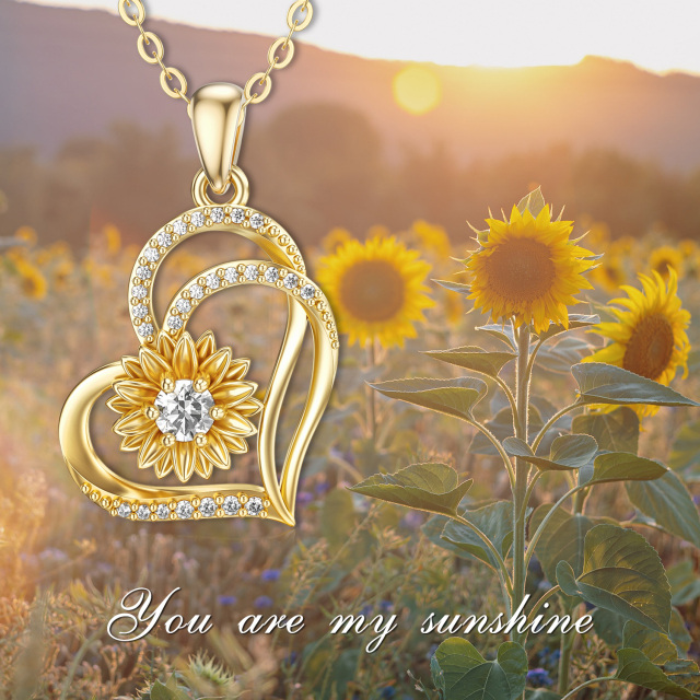 14K Gold Circular Shaped Moissanite Sunflower & Heart With Heart Pendant Necklace-4