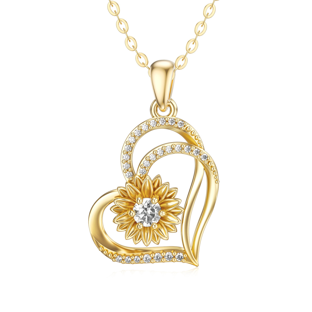14K Gold Circular Shaped Moissanite Sunflower & Heart With Heart Pendant Necklace-1
