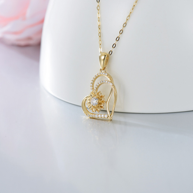 14K Gold kreisförmig Moissanit Sonnenblume & Herz mit Herz Anhänger Halskette-3