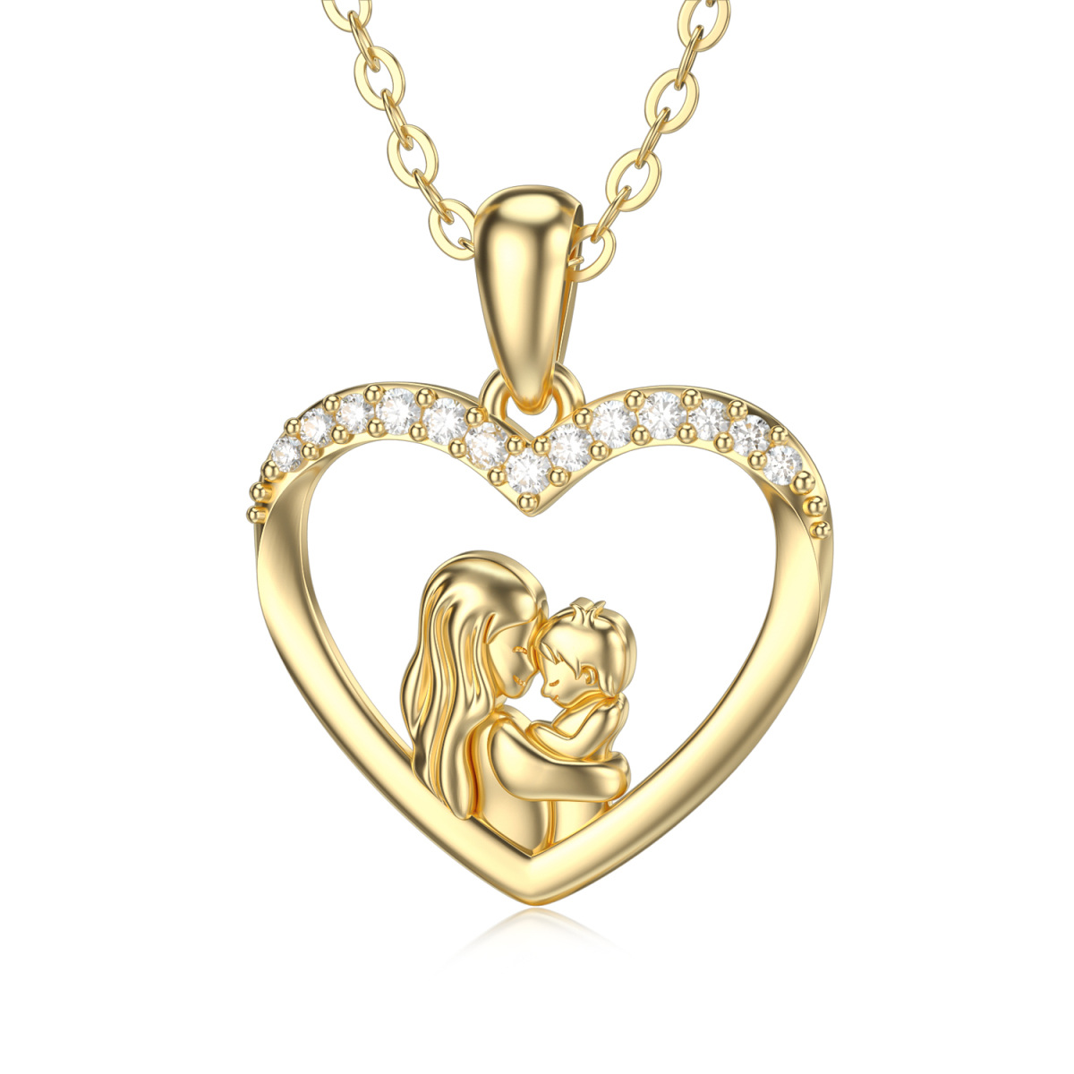 14K Gold Moissanite Mother Holds Son Heart Pendant Necklace-1