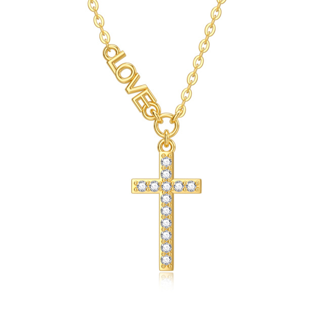 14K Gold Cubic Zirconia Cross Pendant Necklace with Engraved Word-0