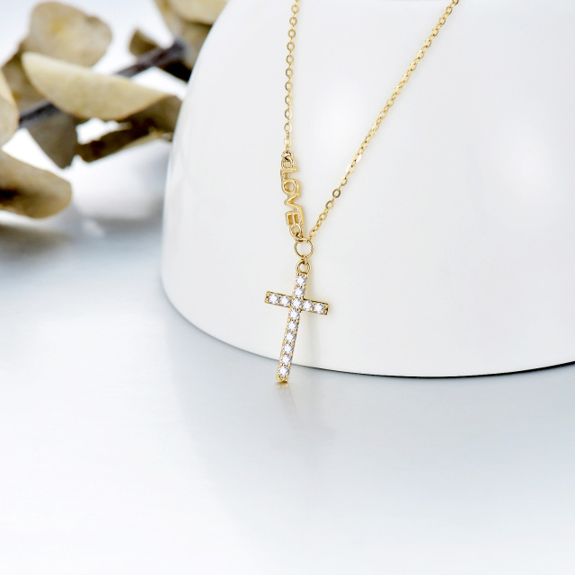 14K Gold Cubic Zirconia Cross Pendant Necklace with Engraved Word-3
