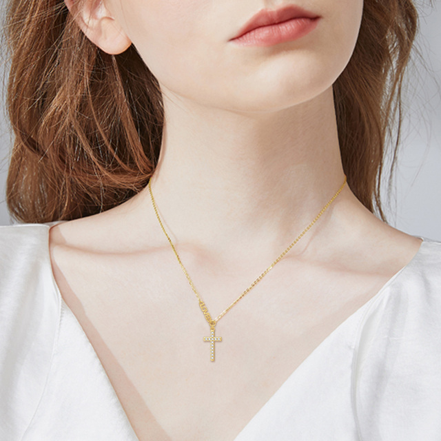 14K Gold Cubic Zirconia Cross Pendant Necklace with Engraved Word-1
