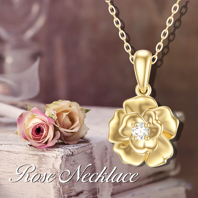 14K Gold Cubic Zirconia Rose Pendant Necklace-4