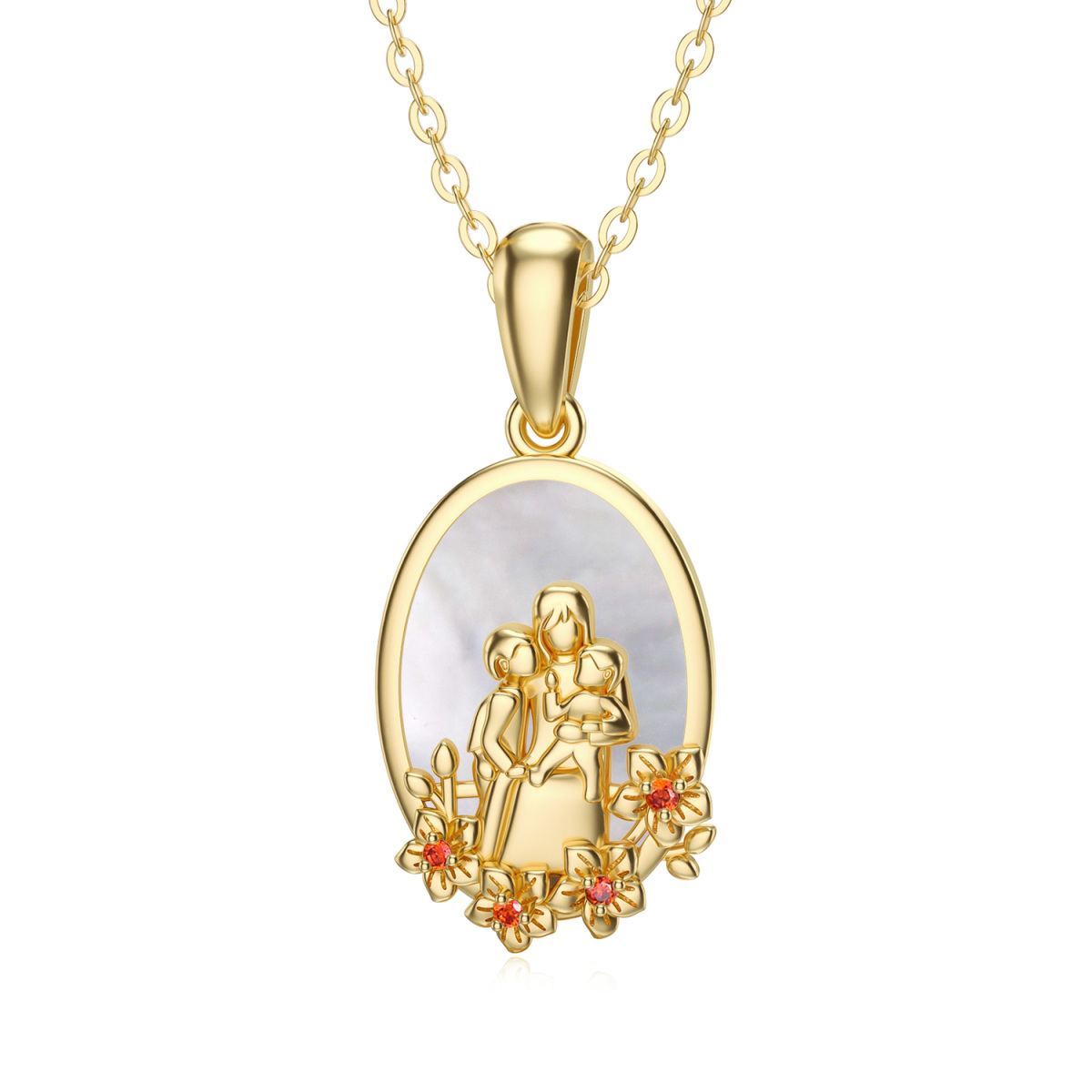 14K Gold Oval Shaped Abalone Shellfish & Cubic Zirconia Parents & Children Pendant Necklace-1