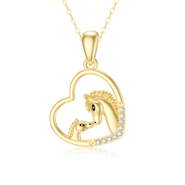 14K Gold Cubic Zirconia Horse & Heart Pendant Necklace-2