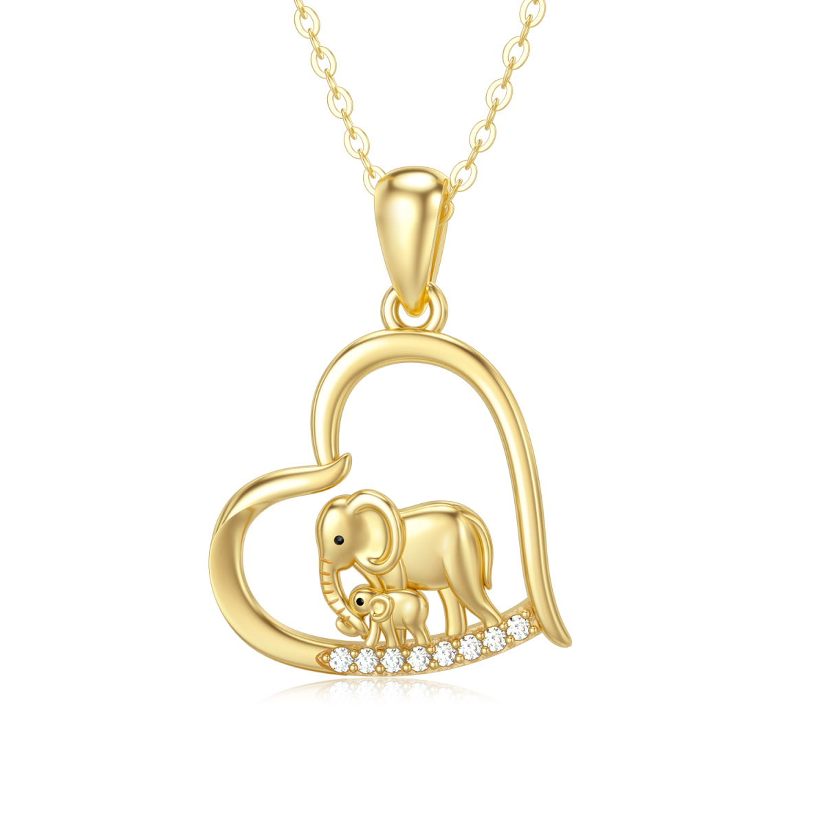 14K Gold Cubic Zirconia Elephant Mom & Baby Heart Pendant Necklace-1