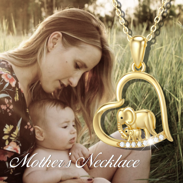 14K Gold Cubic Zirkonia Elefant Mama & Baby Herz Anhänger Halskette-4