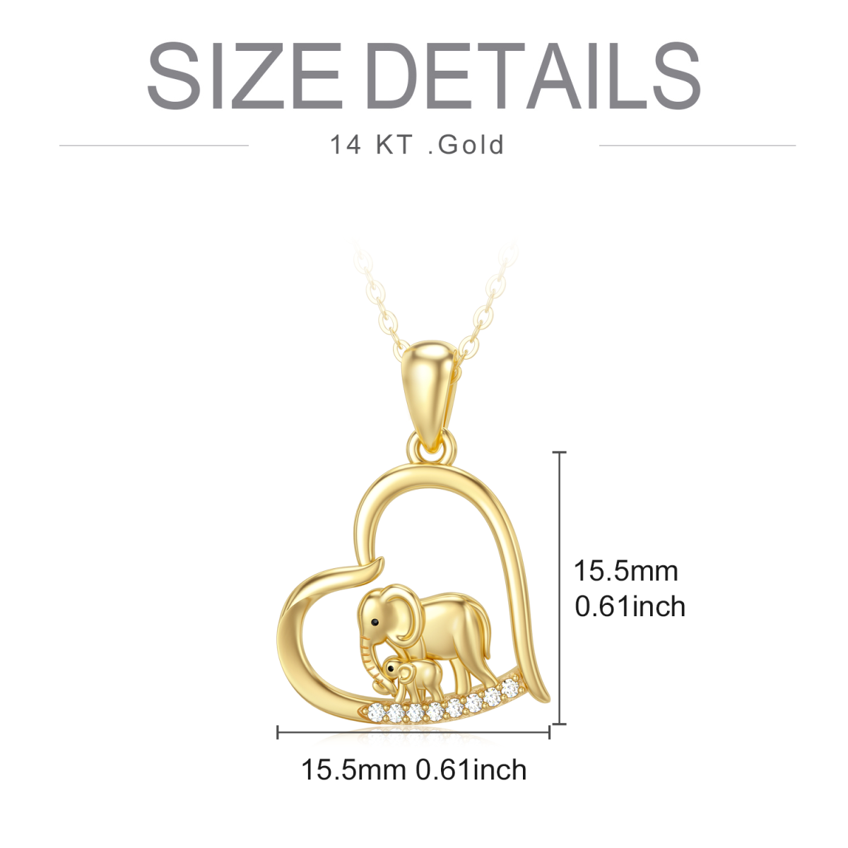Collier en or 14K avec pendentif en forme de coeur de maman et de bébé en zircon cubique Elephant-6