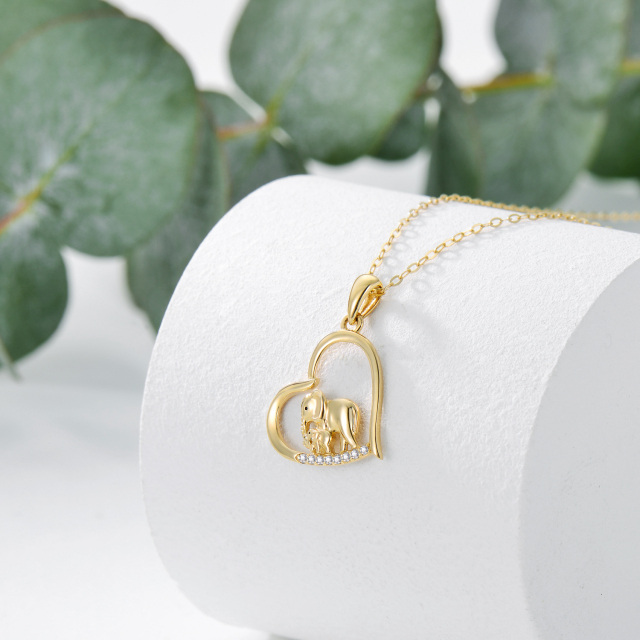 14K Gold Cubic Zirkonia Elefant Mama & Baby Herz Anhänger Halskette-2