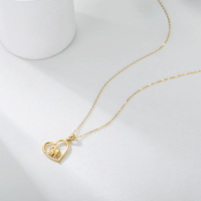 14K Gold Cubic Zirconia Elephant Mom & Baby Heart Pendant Necklace-3