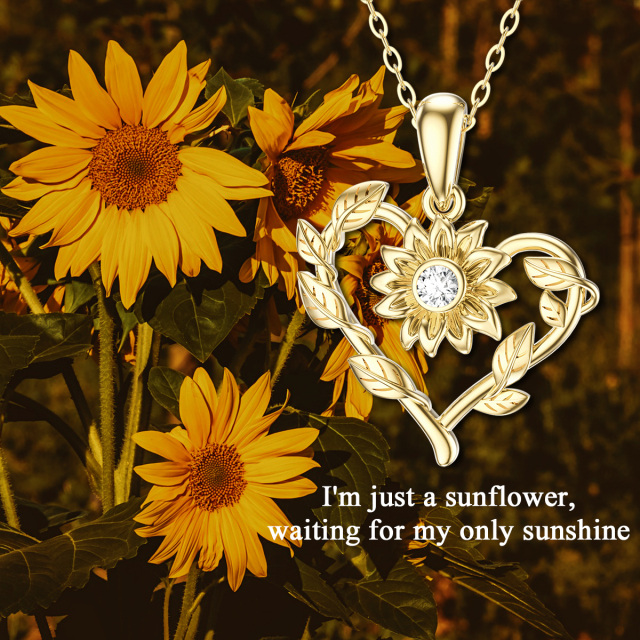 Collier en or 14K avec pendentif fleur de soleil et coeur en Moissanite de forme circulair-4