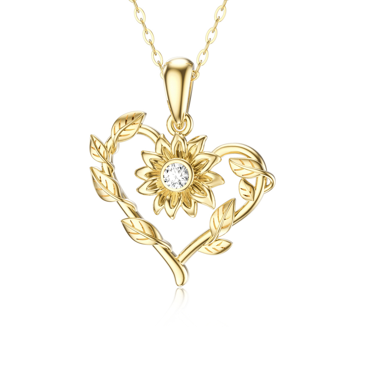 Collier en or 14K avec pendentif fleur de soleil et coeur en Moissanite de forme circulair-1