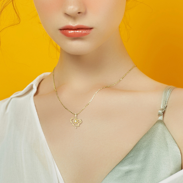 14K Gold Circular Shaped Moissanite Sunflower & Heart Pendant Necklace-1