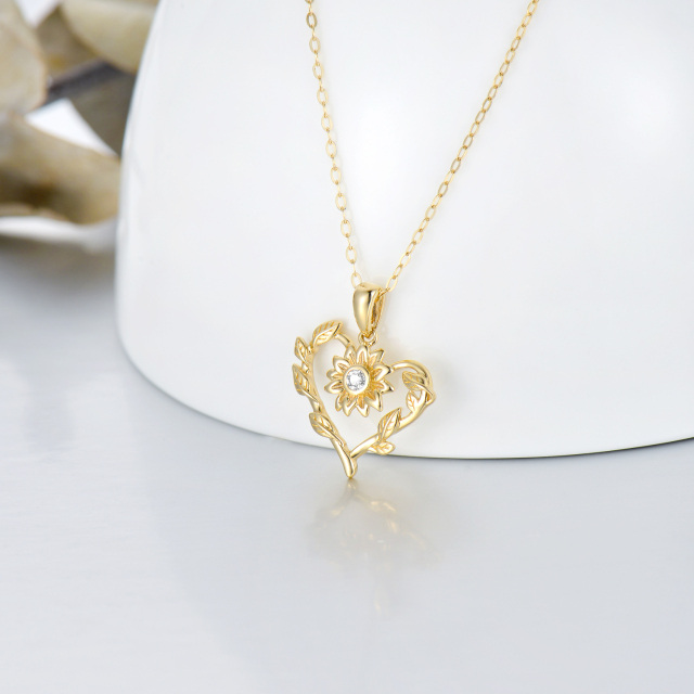Collier en or 14K avec pendentif fleur de soleil et coeur en Moissanite de forme circulair-2