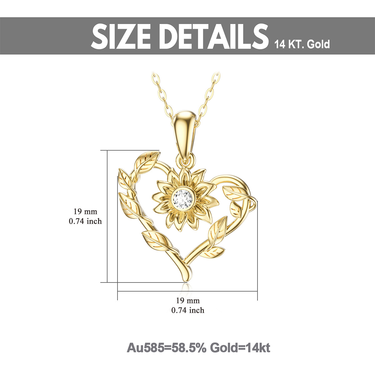 Collier en or 14K avec pendentif fleur de soleil et coeur en Moissanite de forme circulair-6