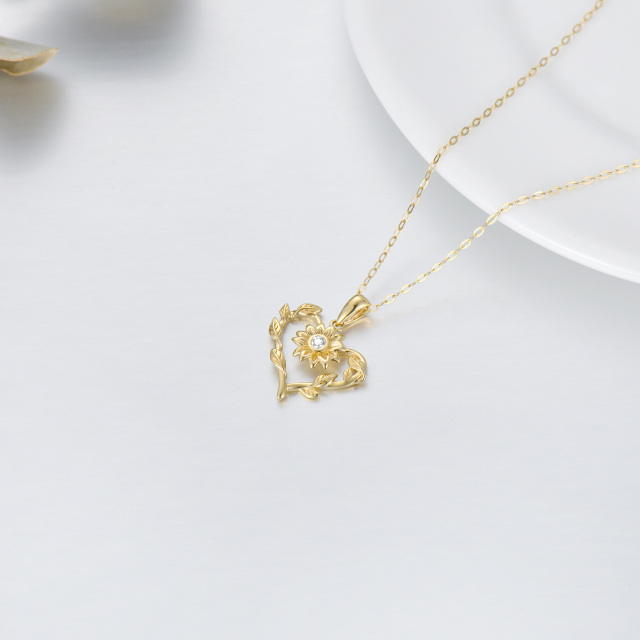 14K Gold Circular Shaped Moissanite Sunflower & Heart Pendant Necklace-3