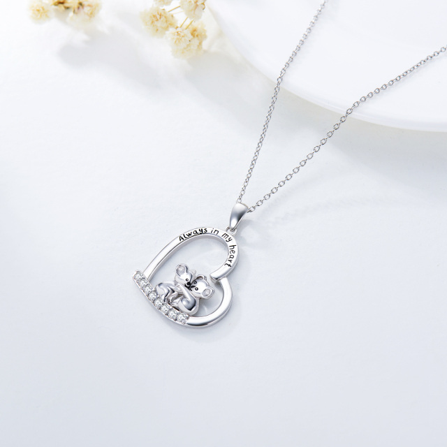 Sterling Silver Circular Shaped Cubic Zirconia Koala & Heart Pendant Necklace with Engraved Word-3