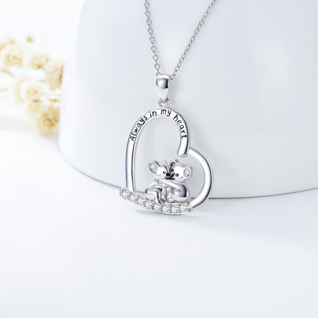Sterling Silver Circular Shaped Cubic Zirconia Koala & Heart Pendant Necklace with Engraved Word-2