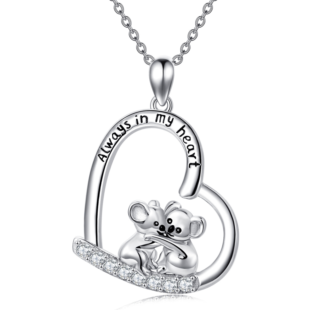 Sterling Silver Circular Shaped Cubic Zirconia Koala & Heart Pendant Necklace with Engraved Word-1