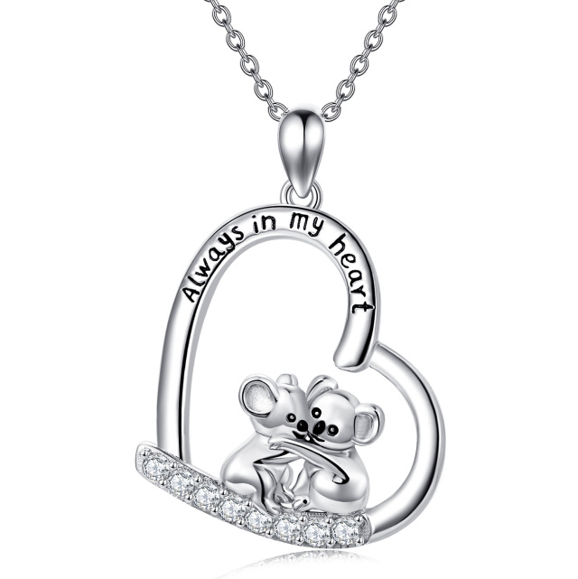 Sterling Silver Circular Shaped Cubic Zirconia Koala & Heart Pendant Necklace with Engraved Word-0