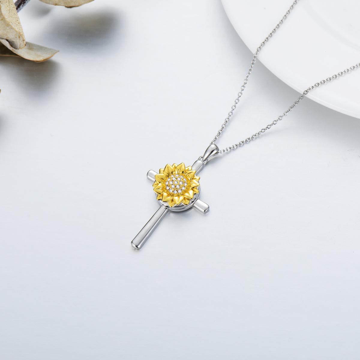 Sterling Silver Two-tone Circular Shaped Cubic Zirconia Sunflower & Personalized Photo & Cross Personalized Photo Locket Necklace-4