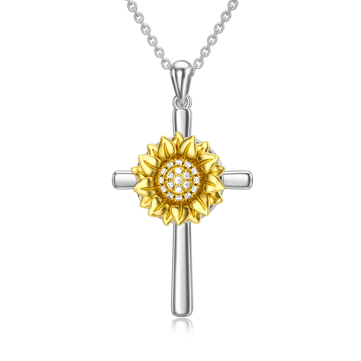 Sterling Silver Two-tone Circular Shaped Cubic Zirconia Sunflower & Personalized Photo & Cross Personalized Photo Locket Necklace-1