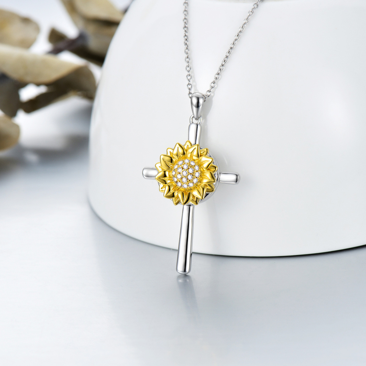 Sterling Silver Two-tone Circular Shaped Cubic Zirconia Sunflower & Personalized Photo & Cross Personalized Photo Locket Necklace-3