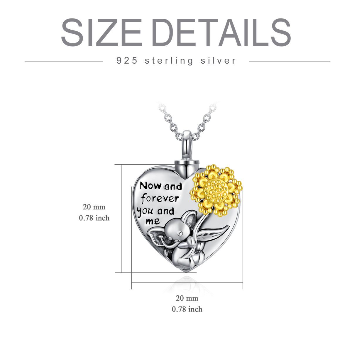 Sterling Silver Elephant & Sunflower & Heart Urn Necklace for Ashes with Engraved Word-6