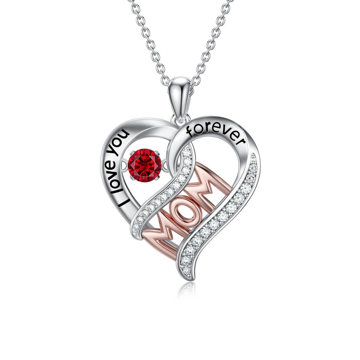 Sterling Silver Two-tone Circular Shaped Cubic Zirconia Heart Pendant Necklace with Engraved Word-1