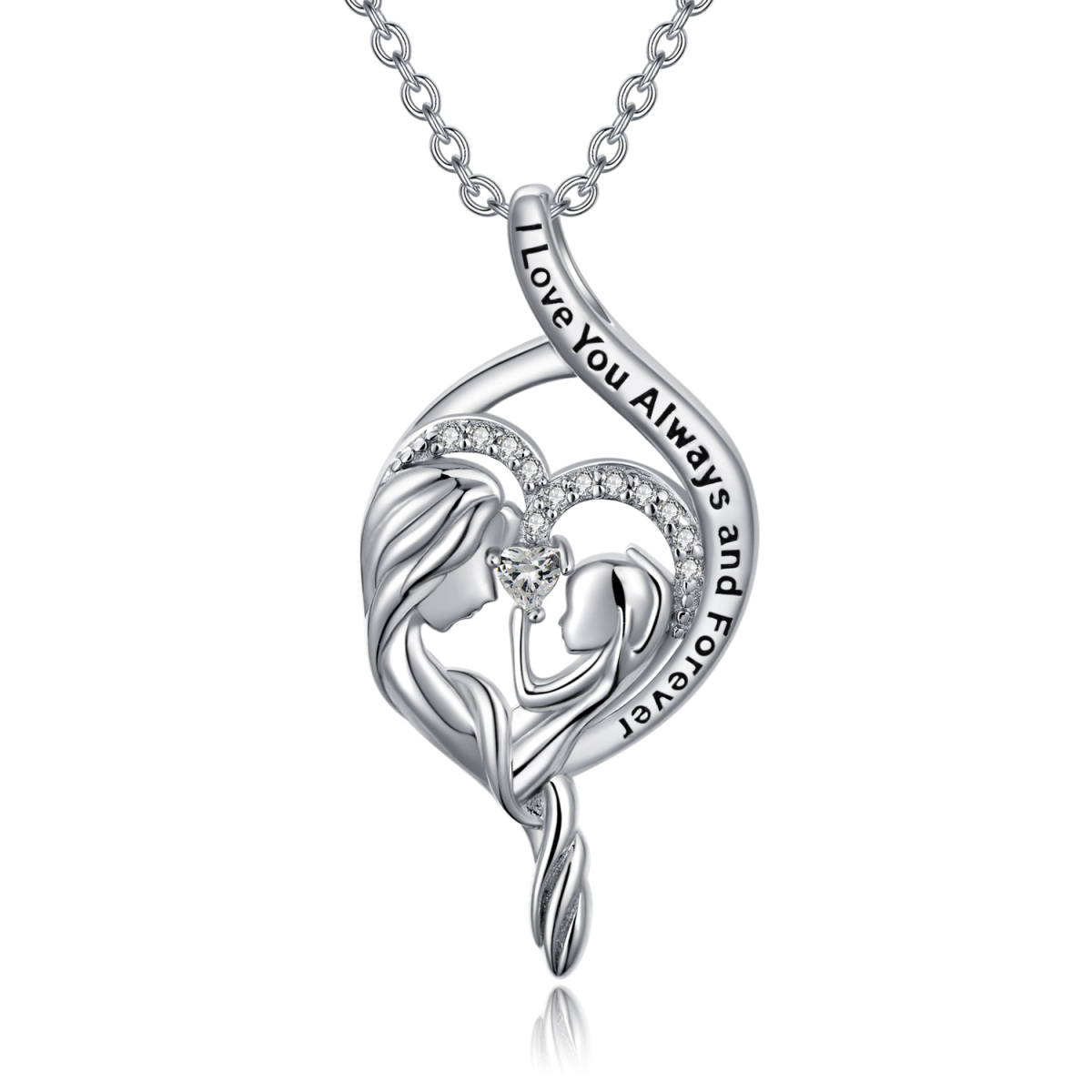 Sterling Silver Round Zircon Heart & Infinity Symbol Pendant Necklace with Engraved Word-1