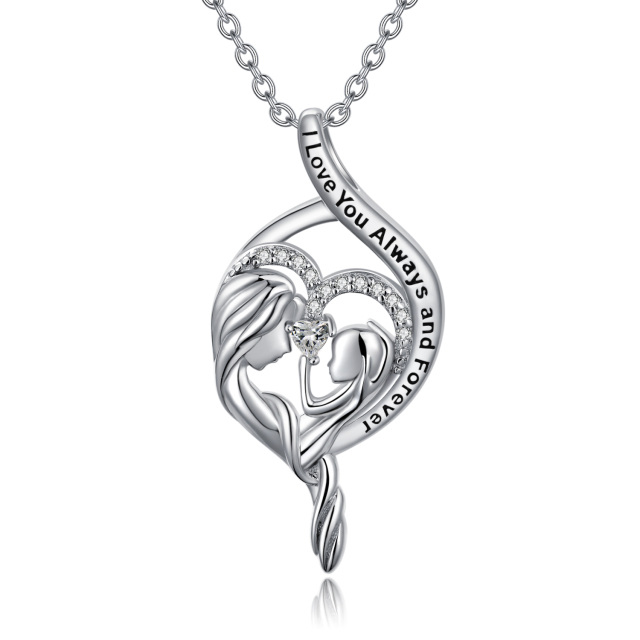 Sterling Silver Round Zircon Heart & Infinity Symbol Pendant Necklace with Engraved Word-0