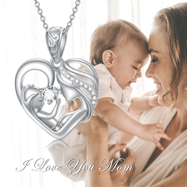 Sterling Silver Circular Shaped Cubic Zirconia Mother & Daughter Heart Pendant Necklace-2