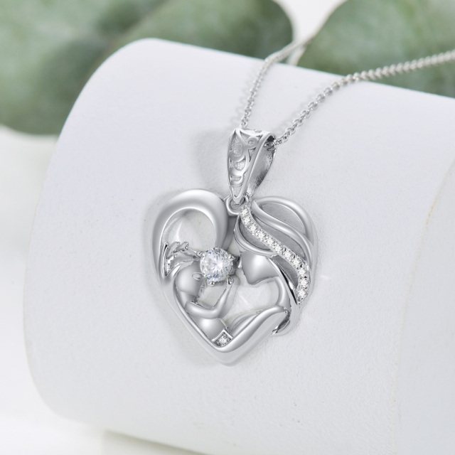 Sterling Silver Circular Shaped Cubic Zirconia Mother & Daughter Heart Pendant Necklace-3