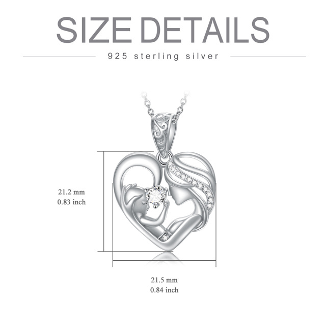 Sterling Silver Circular Shaped Cubic Zirconia Mother & Daughter Heart Pendant Necklace-5