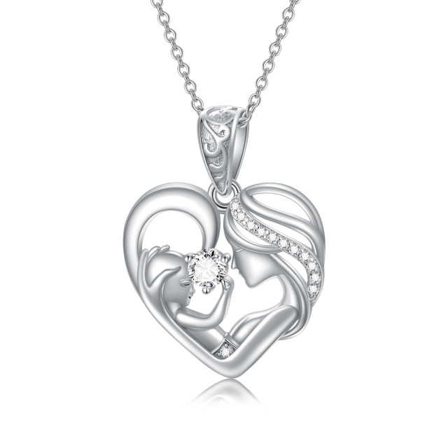 Sterling Silver Circular Shaped Cubic Zirconia Mother & Daughter Heart Pendant Necklace-0