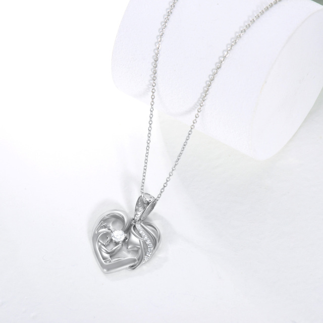 Sterling Silver Circular Shaped Cubic Zirconia Mother & Daughter Heart Pendant Necklace-4