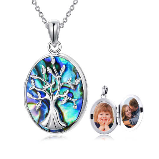 Collana con medaglione con foto personalizzato ovale in argento sterling con frutti di mare abalone e albero della vita