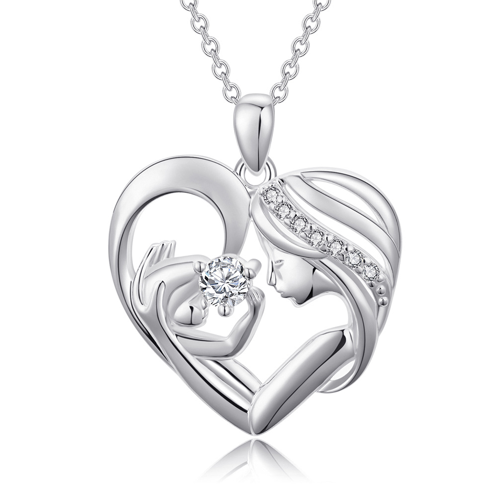 Sterling Silver Circular Shaped Cubic Zirconia Mother & Heart Pendant Necklace-1