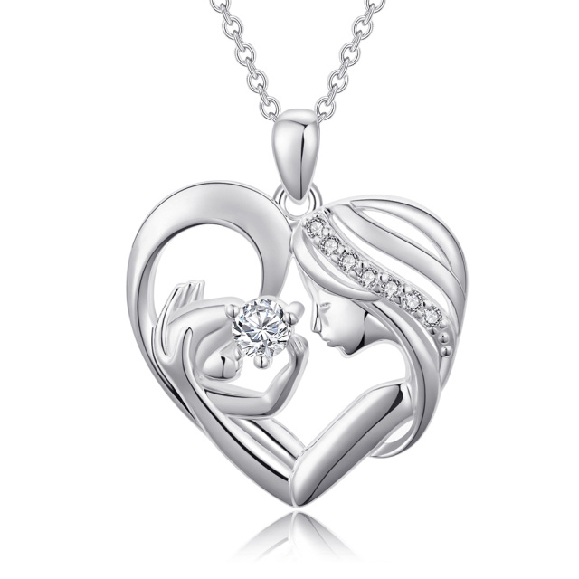 Sterling Silver Circular Shaped Cubic Zirconia Mother & Heart Pendant Necklace-0