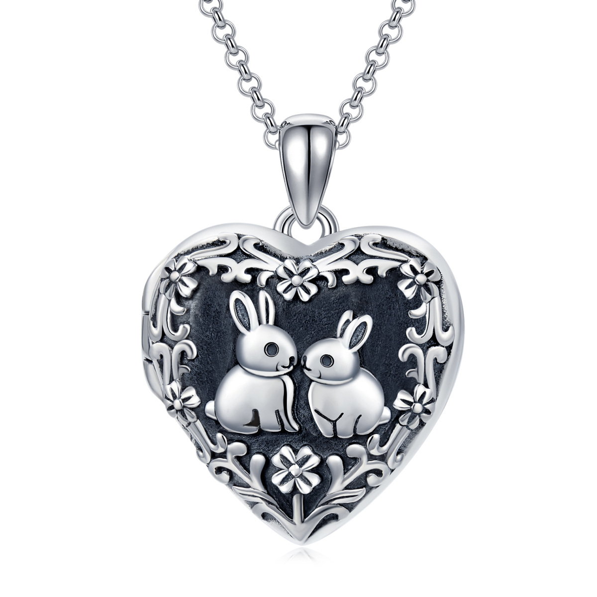 Sterling Silver Rabbit & Heart Personalized Photo Locket Necklace with Engraved Word-1