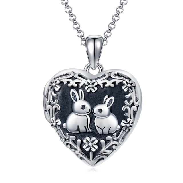 Sterling Silver Rabbit & Heart Personalized Photo Locket Necklace with Engraved Word-0