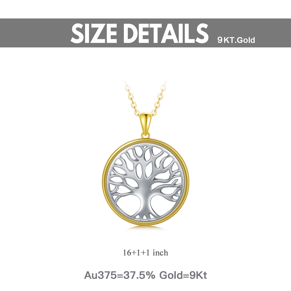 9K White Gold & Yellow Gold Tree Of Life Pendant Necklace-5