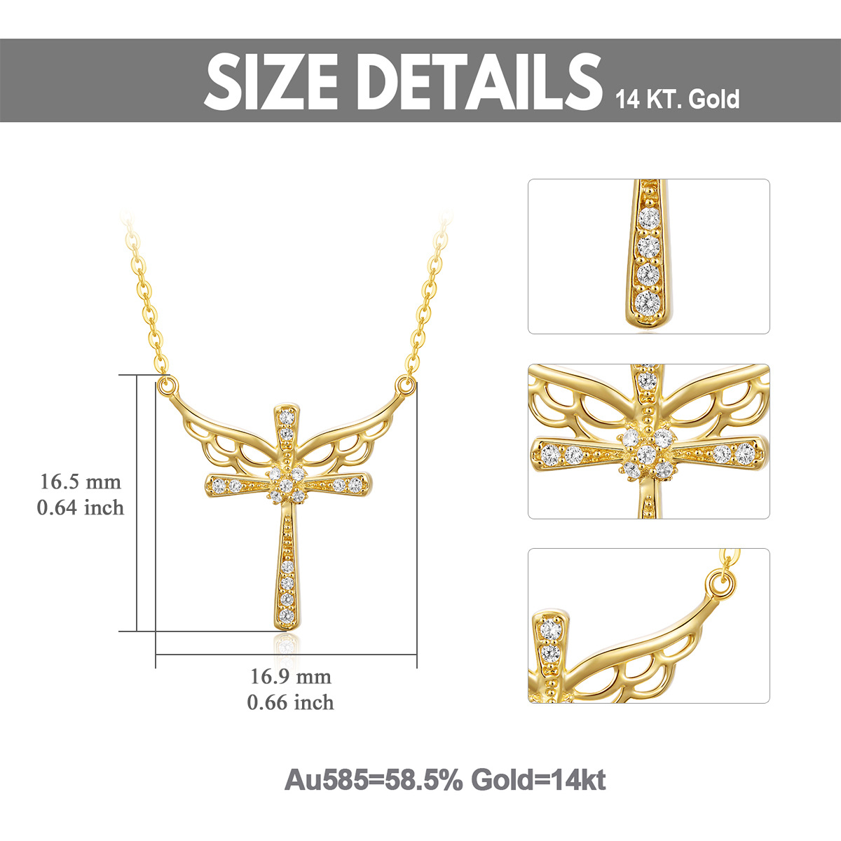 Collar de oro de 14 quilates con colgante de cruz y ala de ángel de circonita-6